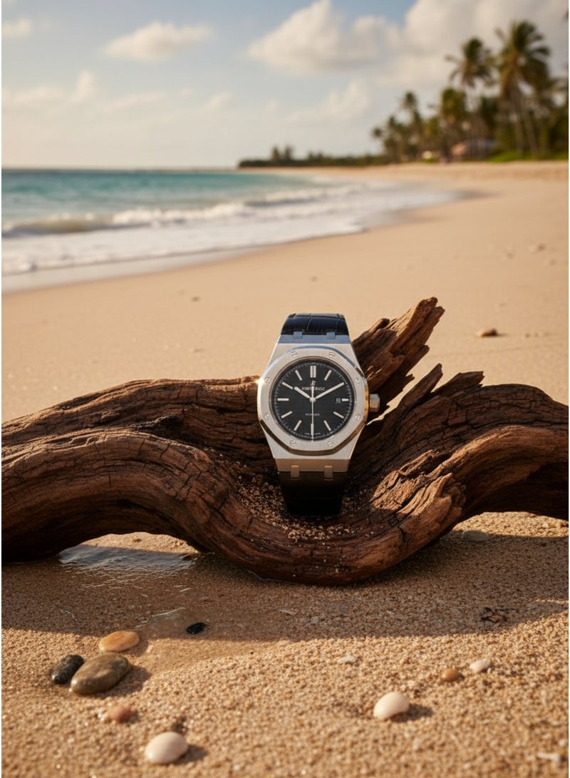 أوديمار بيجويت ساعة أوديمار بيغيه رويال أوك أوتوماتيكية من الفولاذ المقاوم للصدأ بميناء أسود وسوار من الجلد الأسود - Image 5